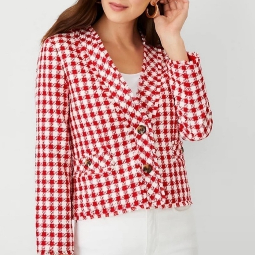 NEW! ANN TAYLOR Gingham Tweed Fringe Accent Jacket Blazer 0.